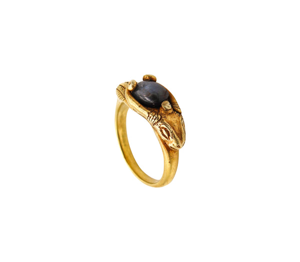 -Victorian 1860 Ancient Revival Ram Ring In 22Kt Yellow Gold With a Sapphire