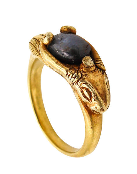 -Victorian 1860 Ancient Revival Ram Ring In 22Kt Yellow Gold With a Sapphire