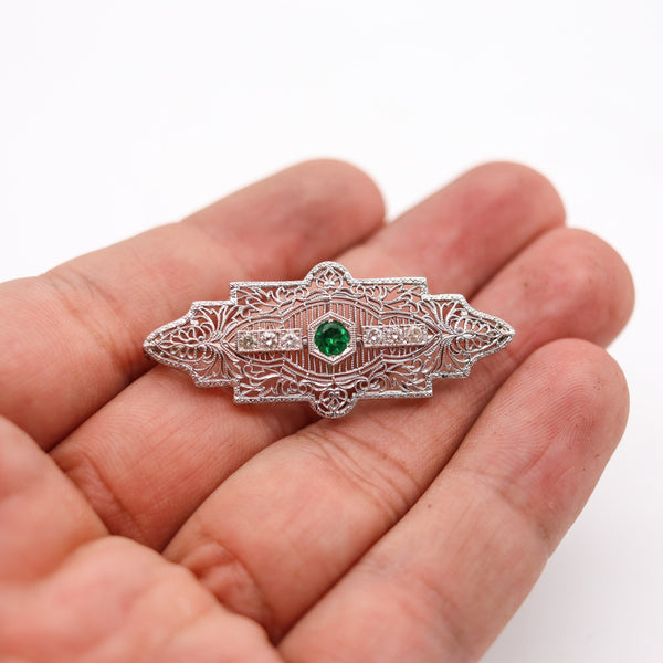 -Kohn Co. 1925 Art Deco Brooch In 14Kt Gold With Diamonds And Green Garnet