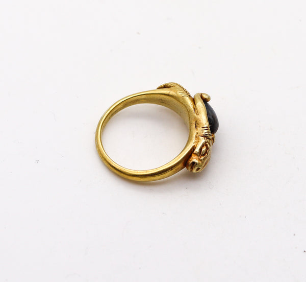 -Victorian 1860 Ancient Revival Ram Ring In 22Kt Yellow Gold With a Sapphire