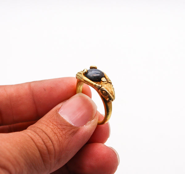 -Victorian 1860 Ancient Revival Ram Ring In 22Kt Yellow Gold With a Sapphire