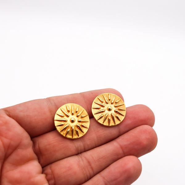 -Zolotas Greece Round Sunburst Studs Earrings in Solid 18Kt Yellow Gold