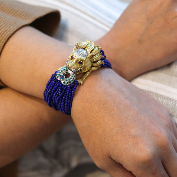 -Chinoiserie Lapis Bracelet In 18Kt Gold With 2.17 Ctw Diamonds Emerald & Ruby