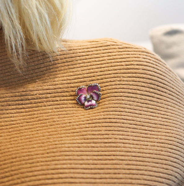 -Crane & Theurer 1900 Art Nouveau Enamel Pansy Pendant Brooch In 14Kt Gold With Diamond And Pearls