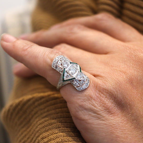 -Art Deco 1930 Cocktail Ring In Platinum With 1.55 Ctw In Diamonds And Emerald