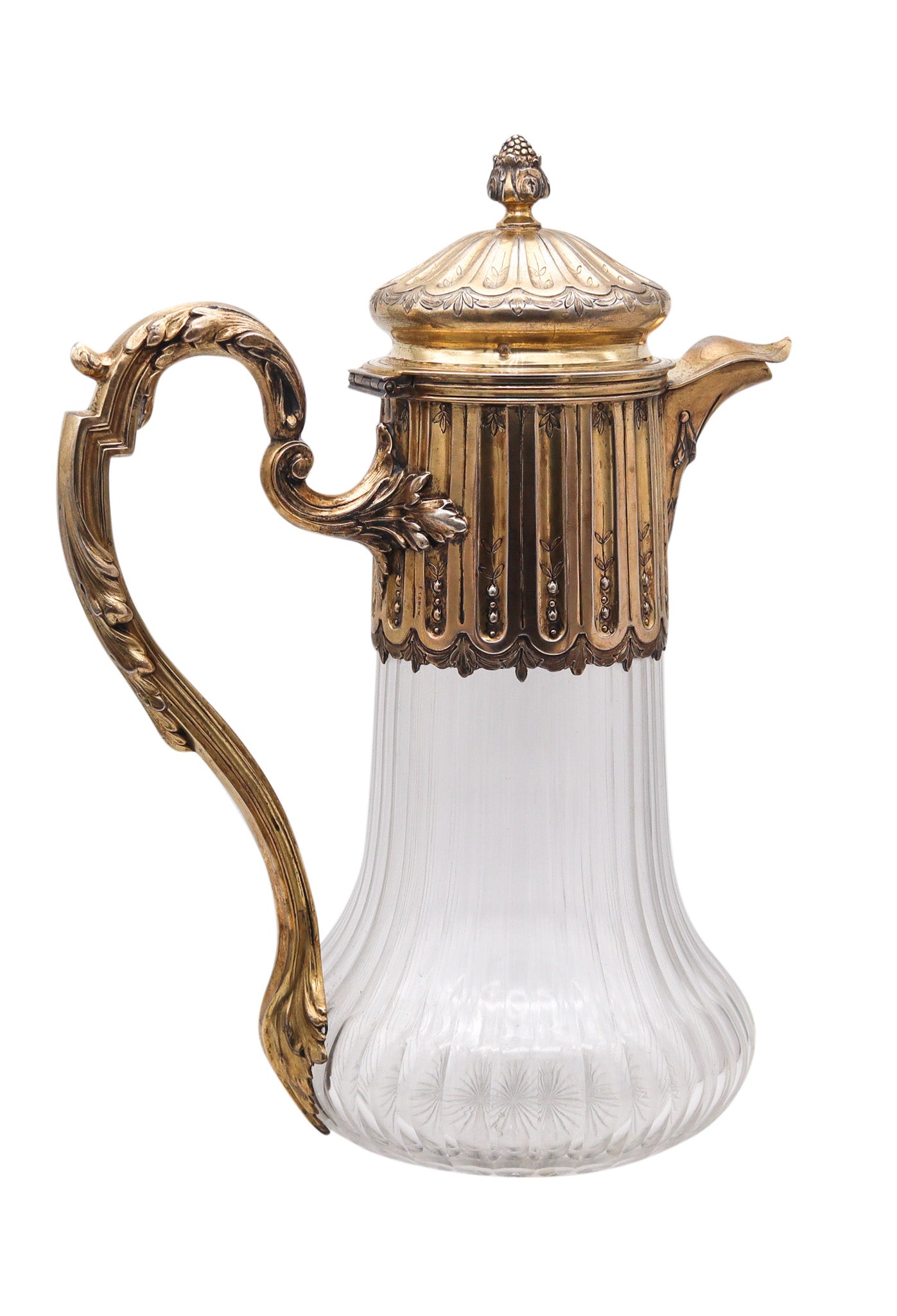 LEON LAPAR Paris 1895 Claret Wine Ewer Pitcher In Cut Crystal & Gilt .950 Sterling