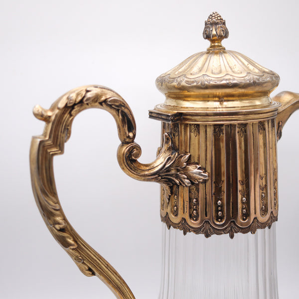 LEON LAPAR Paris 1895 Claret Wine Ewer Pitcher In Cut Crystal & Gilt .950 Sterling