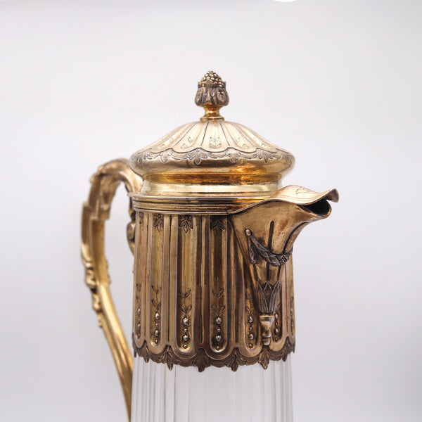 LEON LAPAR Paris 1895 Claret Wine Ewer Pitcher In Cut Crystal & Gilt .950 Sterling