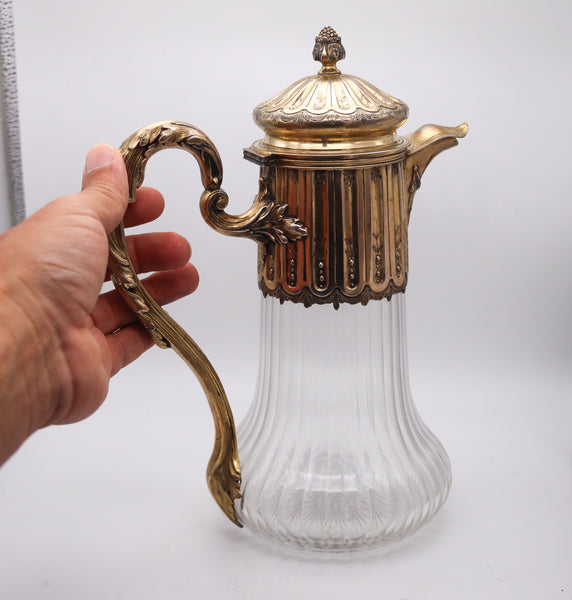LEON LAPAR Paris 1895 Claret Wine Ewer Pitcher In Cut Crystal & Gilt .950 Sterling