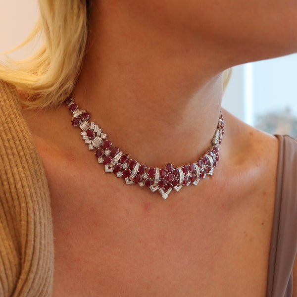 -Classic Cocktail Necklace In 18Kt White Gold With 69.76 Cts In Rubies And Diamonds