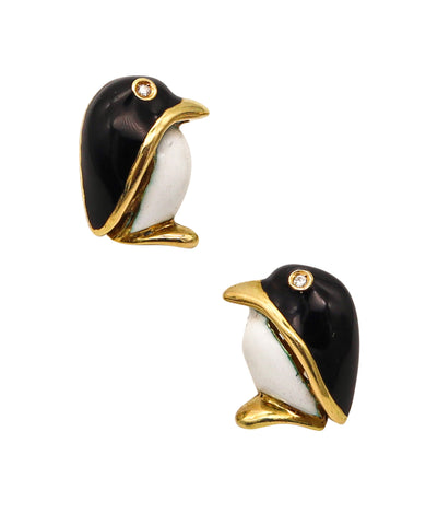 FASANO Enameled Penguins Stud Earrings In 18Kt Yellow Gold With Diamonds