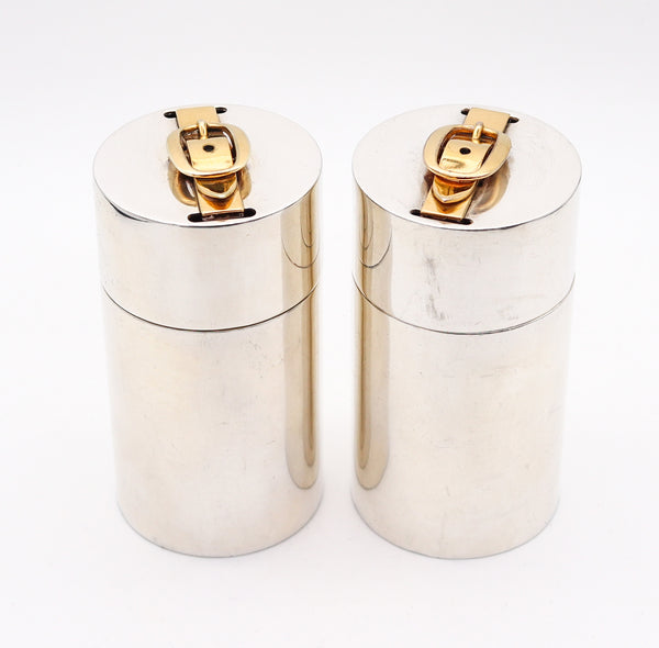 HERMES PARIS 1970 Desk Cylinders Lighter & Cigarettes Box In Gilt And Sterling Silver