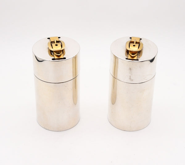 HERMES PARIS 1970 Desk Cylinders Lighter & Cigarettes Box In Gilt And Sterling Silver