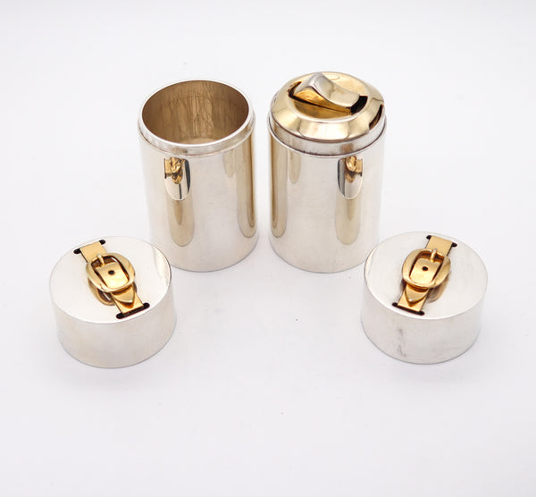 HERMES PARIS 1970 Desk Cylinders Lighter & Cigarettes Box In Gilt And Sterling Silver