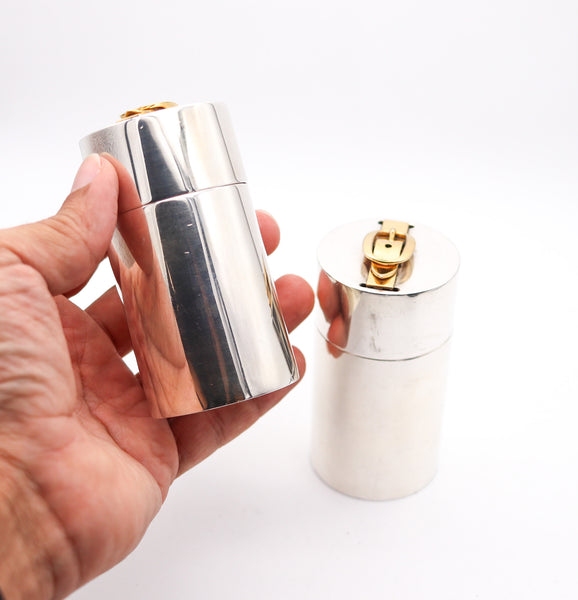 HERMES PARIS 1970 Desk Cylinders Lighter & Cigarettes Box In Gilt And Sterling Silver