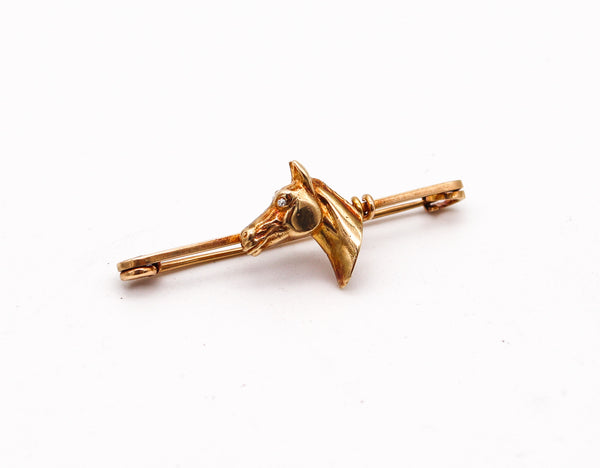 EQUESTRIAN 1940 Horse Tie Bar Pin In 18Kt Yellow Gold With One Diamond