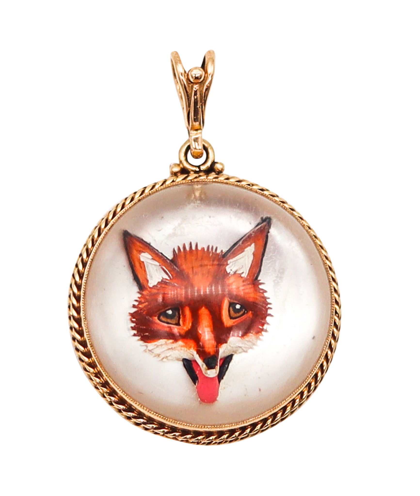 EDWARDIAN 1905 Essex Glass Carved Fox Pendant Framed In 14Kt Yellow Gold