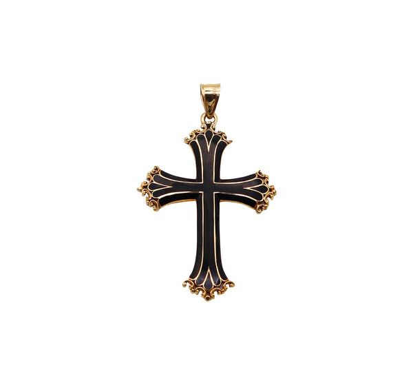 -Italian 1960 Neo Gothic Black Enameled Cross In Solid 18Kt Yellow Gold