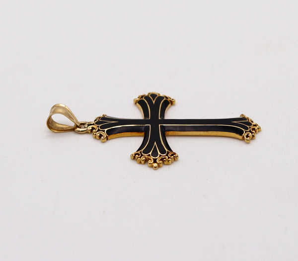 -Italian 1960 Neo Gothic Black Enameled Cross In Solid 18Kt Yellow Gold