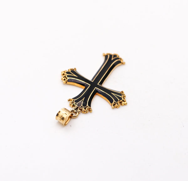 -Italian 1960 Neo Gothic Black Enameled Cross In Solid 18Kt Yellow Gold