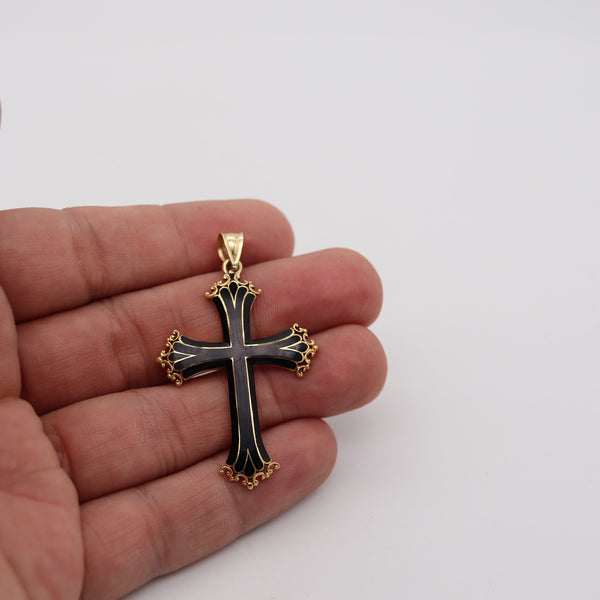 -Italian 1960 Neo Gothic Black Enameled Cross In Solid 18Kt Yellow Gold