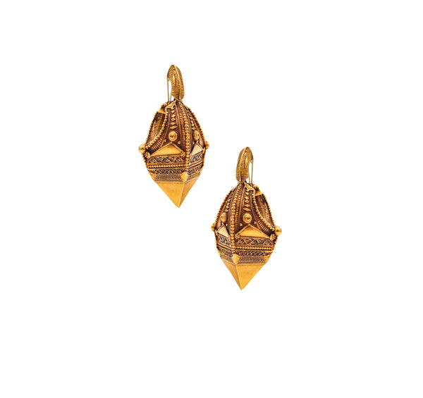 -Southern India 19th Century Antique Dangle Drop Earrings In 22Kt Yellow Gold