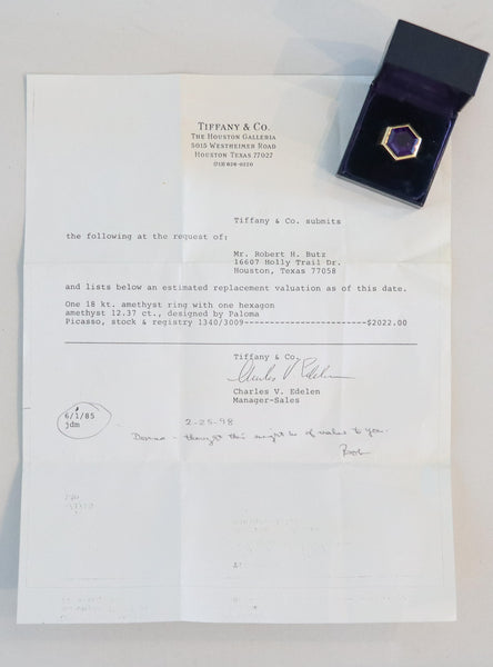 TIFFANY & CO. Paloma Picasso Hexagon Cocktail Ring 18Kt Gold 12.37 Cts Amethyst