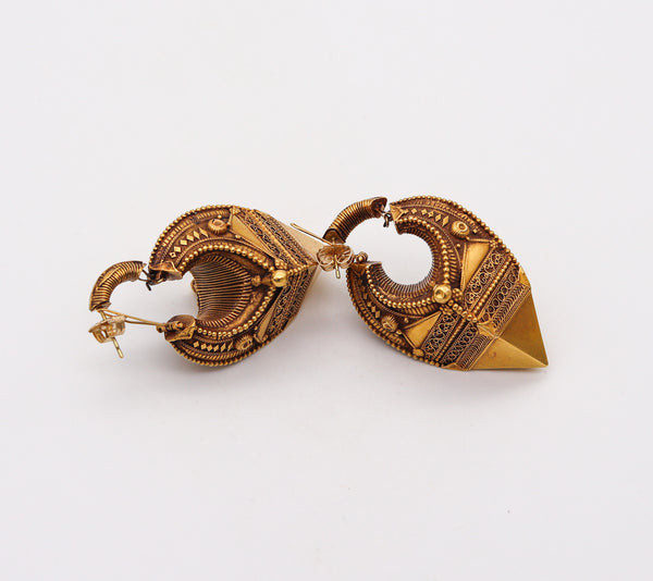 -Southern India 19th Century Antique Dangle Drop Earrings In 22Kt Yellow Gold