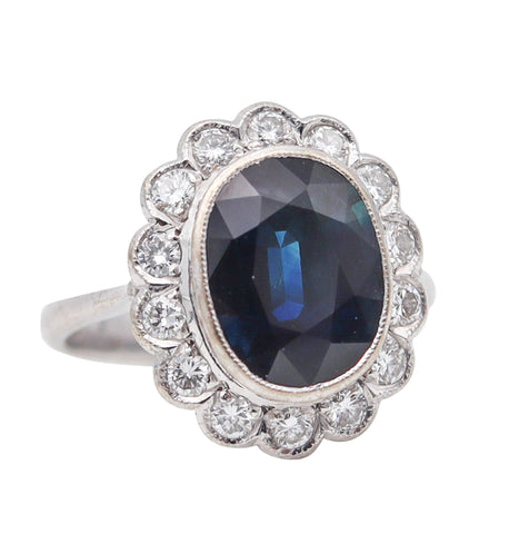 -Art Deco 1930 Cocktail Ring In 18Kt White Gold With 5.06 Ctw In Diamonds And Sapphire