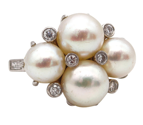 (S)Oscar Heyman 1940 Art Deco Cocktail Ring In Platinum With Diamonds And White Pearls