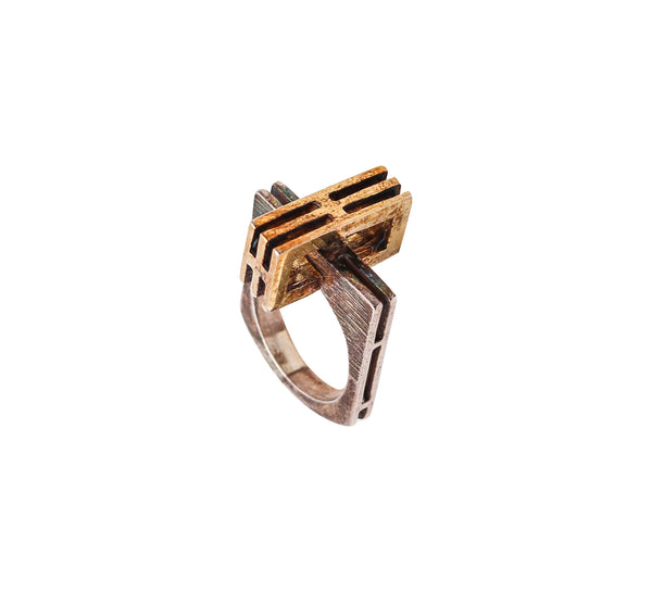 -Danish Modernism 1970 Geometric Sculptural Ring in Sterling And 14Kt Gold