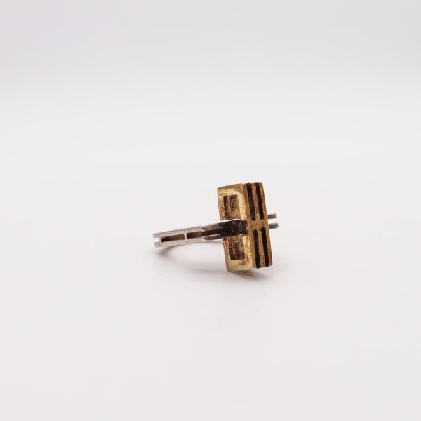 -Danish Modernism 1970 Geometric Sculptural Ring in Sterling And 14Kt Gold