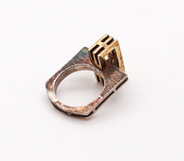 -Danish Modernism 1970 Geometric Sculptural Ring in Sterling And 14Kt Gold