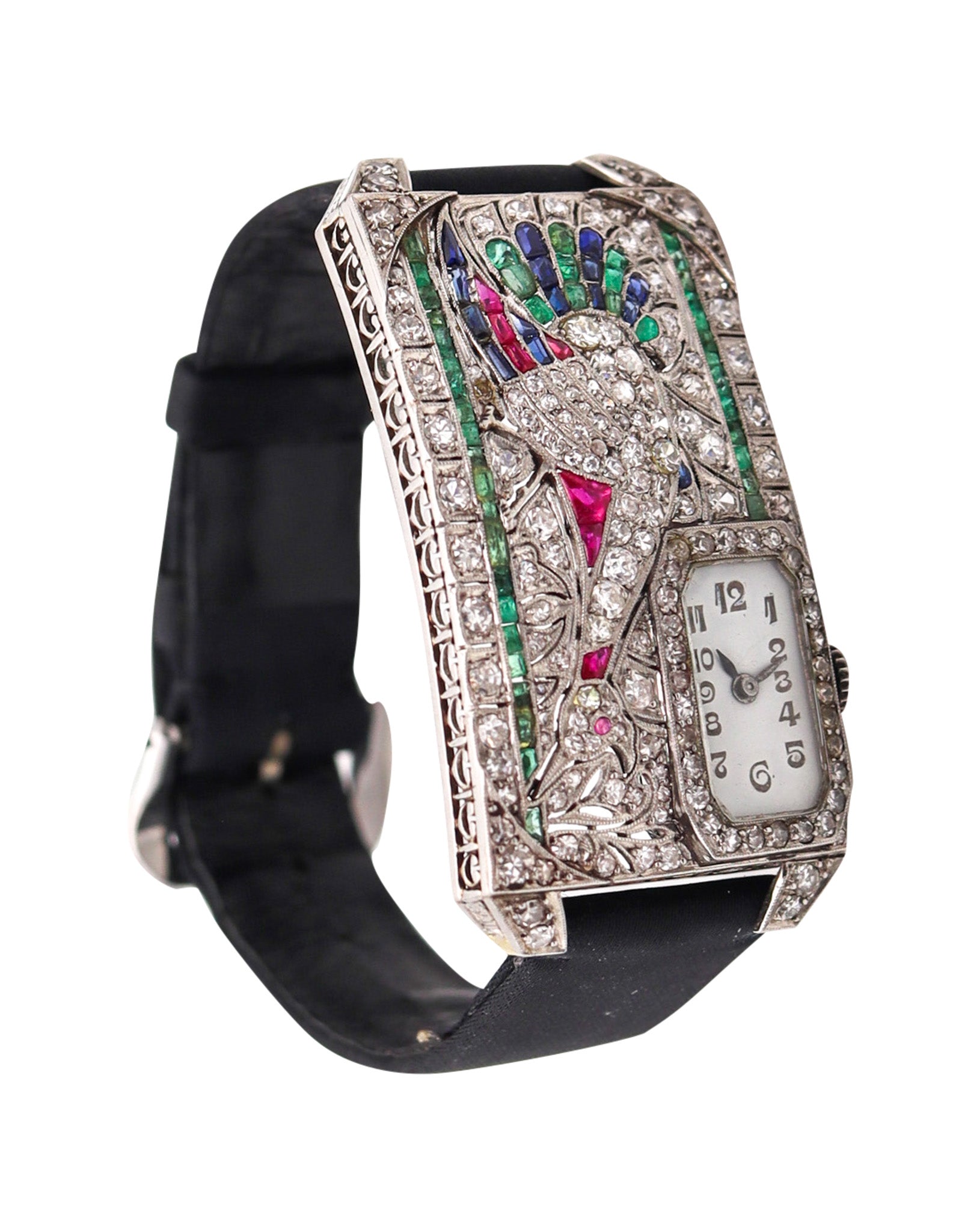 AUSTRIAN Art Deco 1925 Curvex Wristwatch in Platinum With 7.75 Ctw in Gemstones