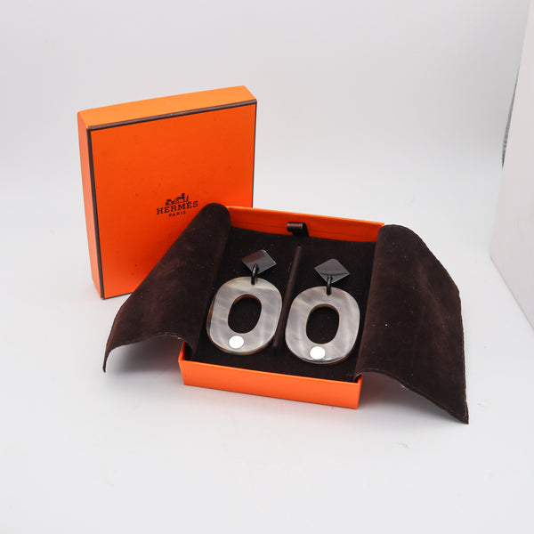HERMES Paris "La Ligne Corne" Squared Dangle Stud Earrings In .925 Sterling Silver