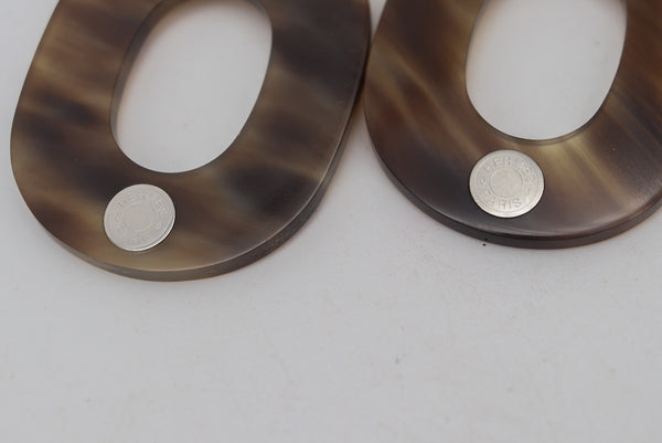 HERMES Paris "La Ligne Corne" Squared Dangle Stud Earrings In .925 Sterling Silver