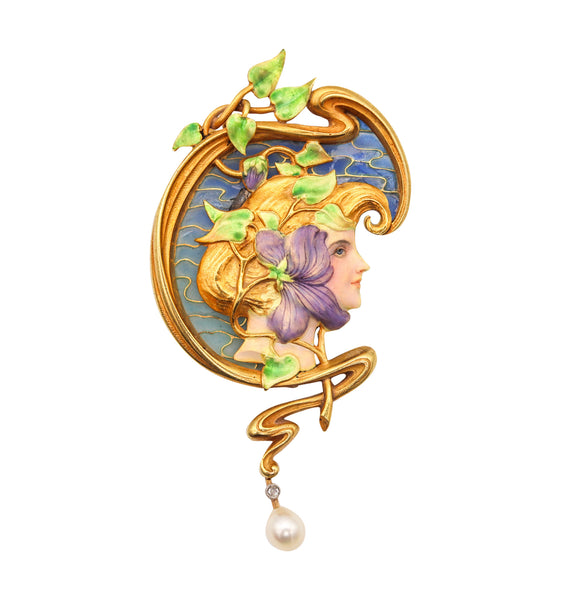 -French Art Nouveau 1890 Plique à Jour Enameled Pendant Brooch In 18Kt Gold With Pearl