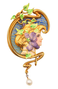 -French Art Nouveau 1890 Plique à Jour Enameled Pendant Brooch In 18Kt Gold With Pearl