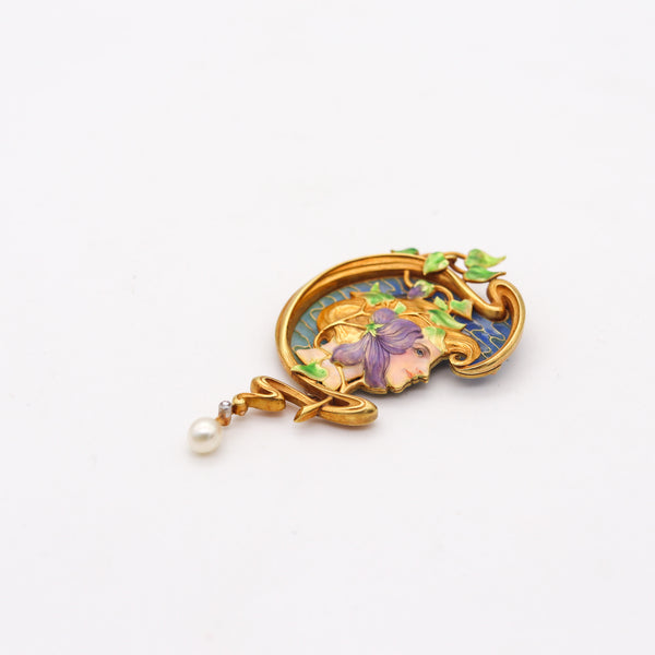 -French Art Nouveau 1890 Plique à Jour Enameled Pendant Brooch In 18Kt Gold With Pearl