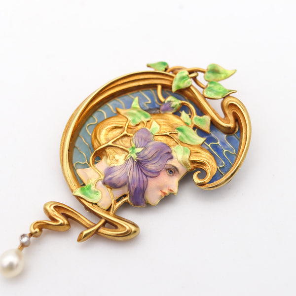 -French Art Nouveau 1890 Plique à Jour Enameled Pendant Brooch In 18Kt Gold With Pearl