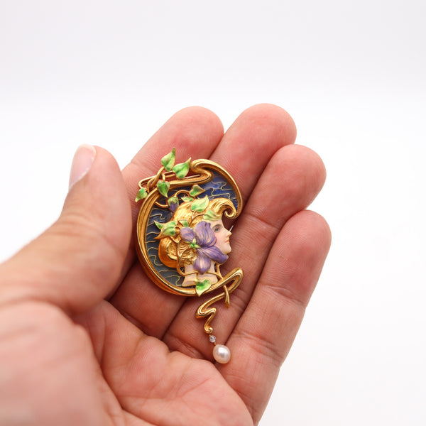 -French Art Nouveau 1890 Plique à Jour Enameled Pendant Brooch In 18Kt Gold With Pearl