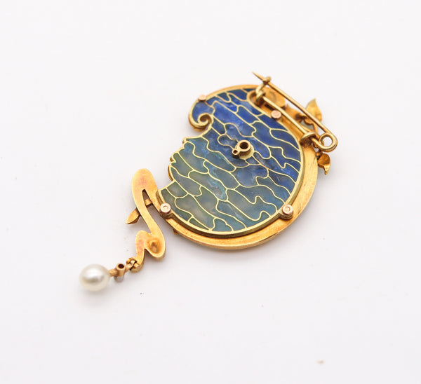 -French Art Nouveau 1890 Plique à Jour Enameled Pendant Brooch In 18Kt Gold With Pearl