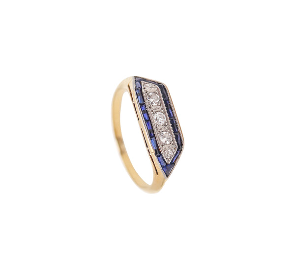 -Art Deco 1930 Cocktail Ring In 18Kt Yellow Gold With Diamonds And Sapphires