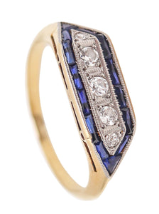 -Art Deco 1930 Cocktail Ring In 18Kt Yellow Gold With Diamonds And Sapphires