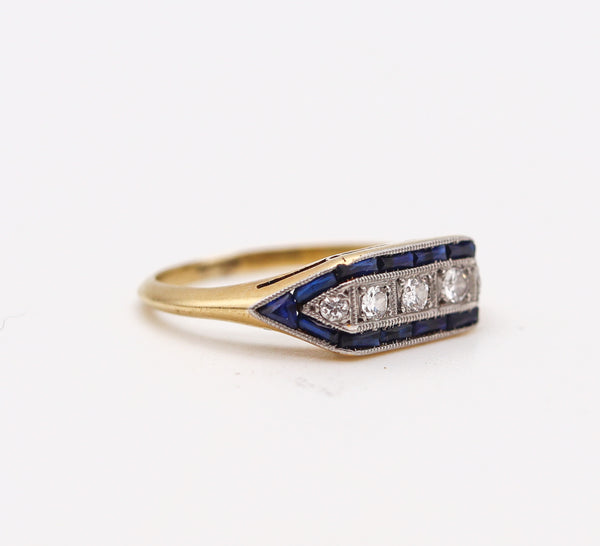 -Art Deco 1930 Cocktail Ring In 18Kt Yellow Gold With Diamonds And Sapphires