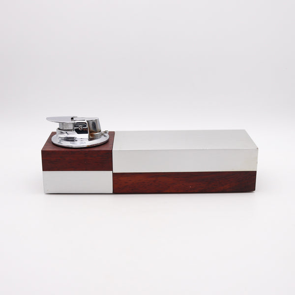 -RONSON 1960 Germany Modernist Cigarette Lighter Box in Cedar & Brushed Aluminum