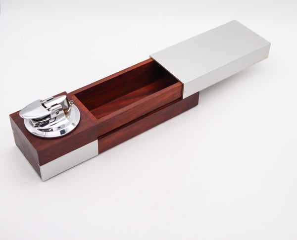 -RONSON 1960 Germany Modernist Cigarette Lighter Box in Cedar & Brushed Aluminum