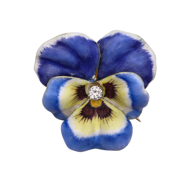 -Edwardian 1900 Enameled Blue Pansy Flower Brooch In 14Kt Gold With Diamond