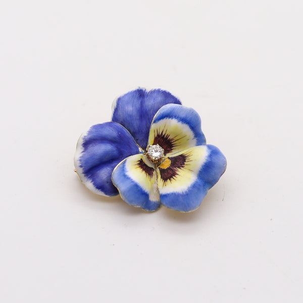 -Edwardian 1900 Enameled Blue Pansy Flower Brooch In 14Kt Gold With Diamond