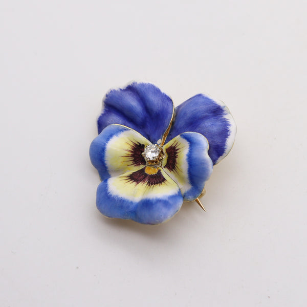 -Edwardian 1900 Enameled Blue Pansy Flower Brooch In 14Kt Gold With Diamond